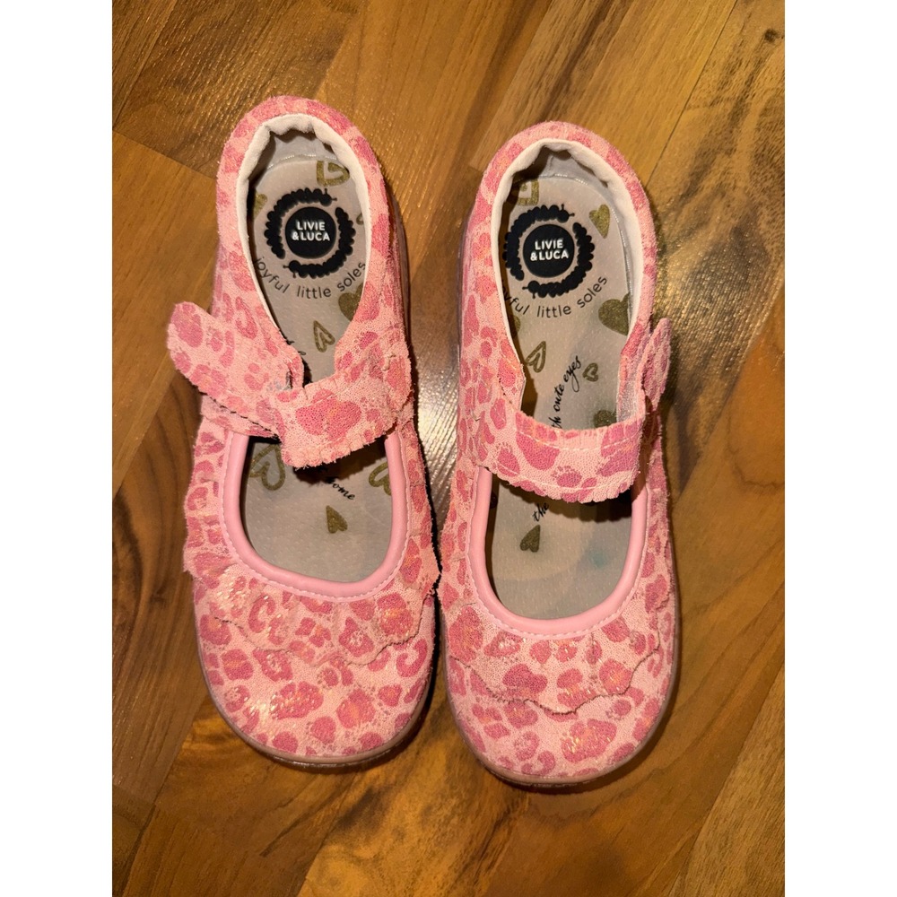 Livie & Luca Mary Jane Kids 2 Pink Good Cheetah Print Glitter Hook Loop Flats